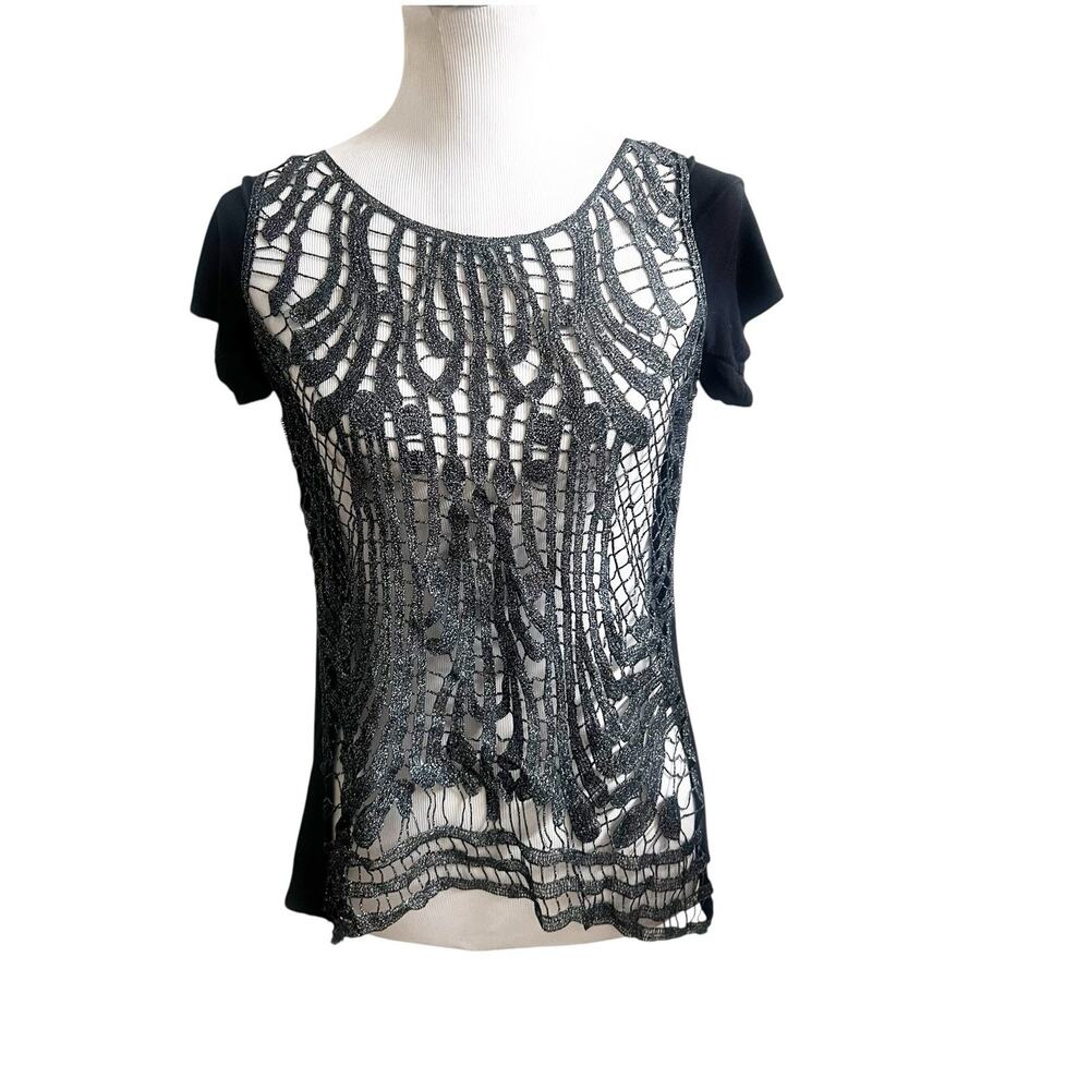 Daytrip Whimsygoth Top Y2K Open Knit Metallic Size Medium Black Silver
